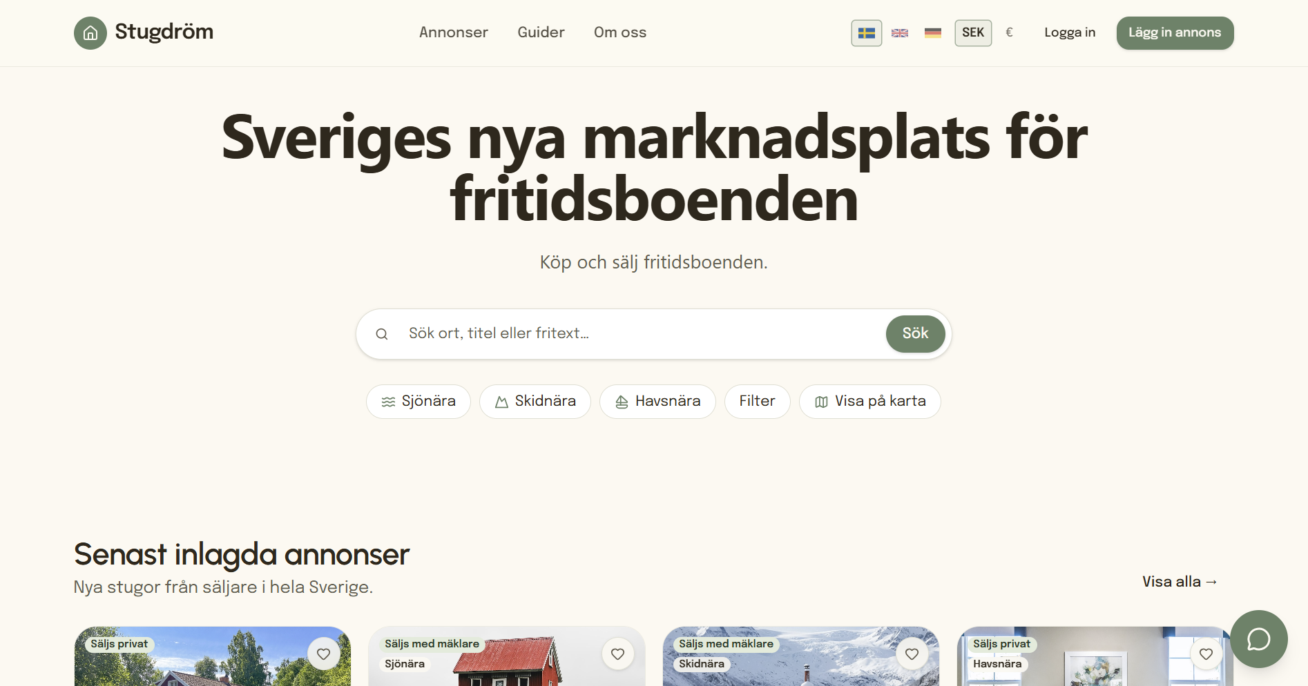 Hemsida för Stugdröm – Uthyrning | exempel byggt av Snabbwebb